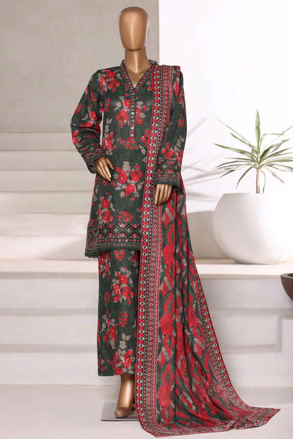 Khaddar - Embroidered 3piece collection with Lace work - Dark Green