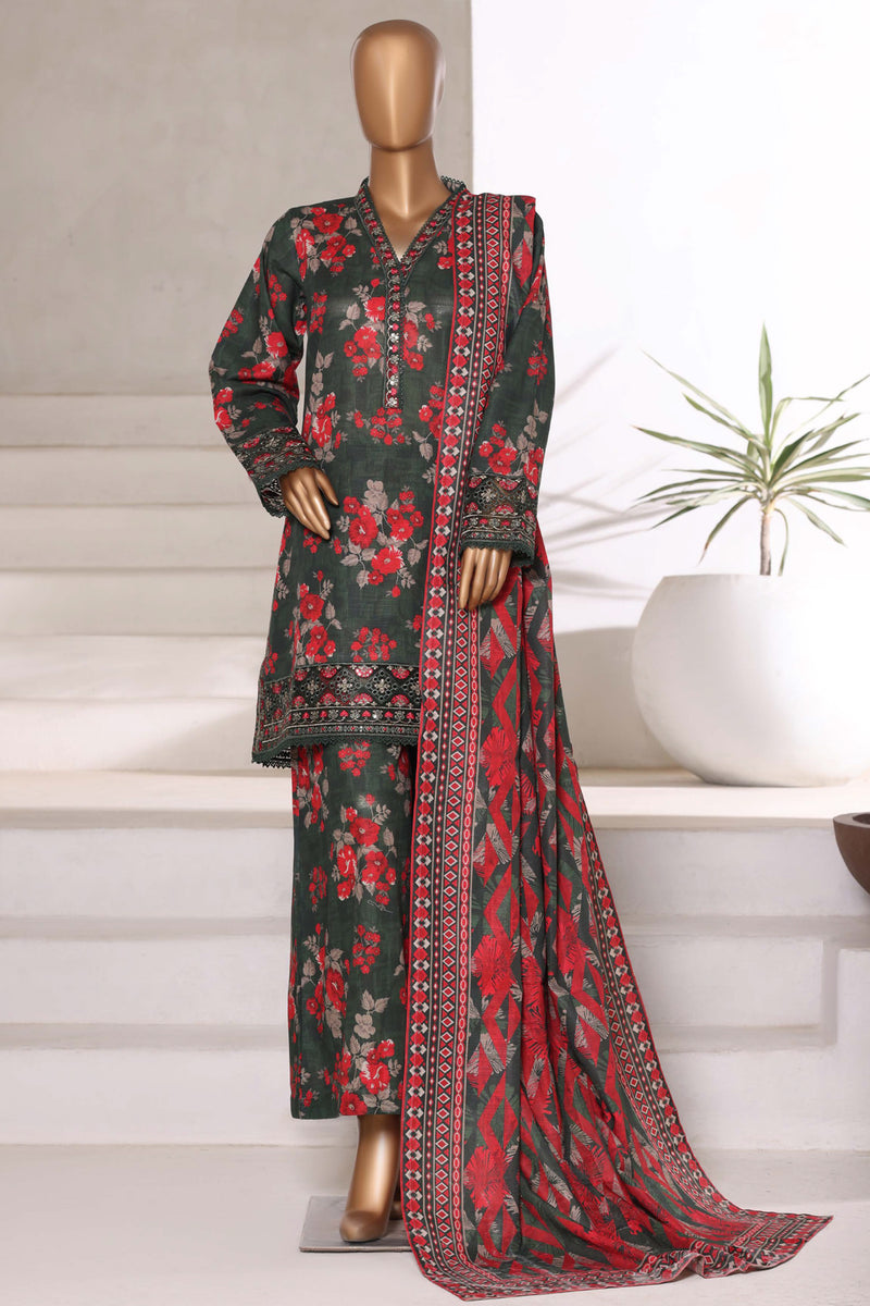 Khaddar - Embroidered 3piece collection with Lace work - Dark Green