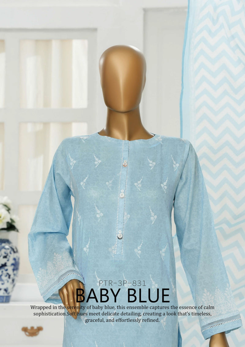 Cambric Chikankari - Stitched Embroidered 3piece with Lace work - Baby Blue