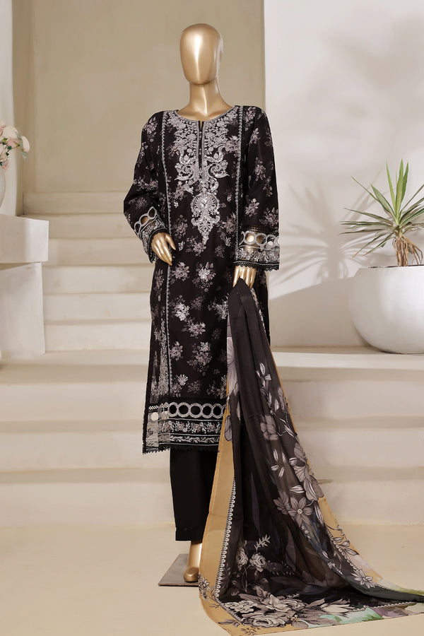 Lawn - Stitched Digital Printed Embroidered 3piece with Lace work - Black