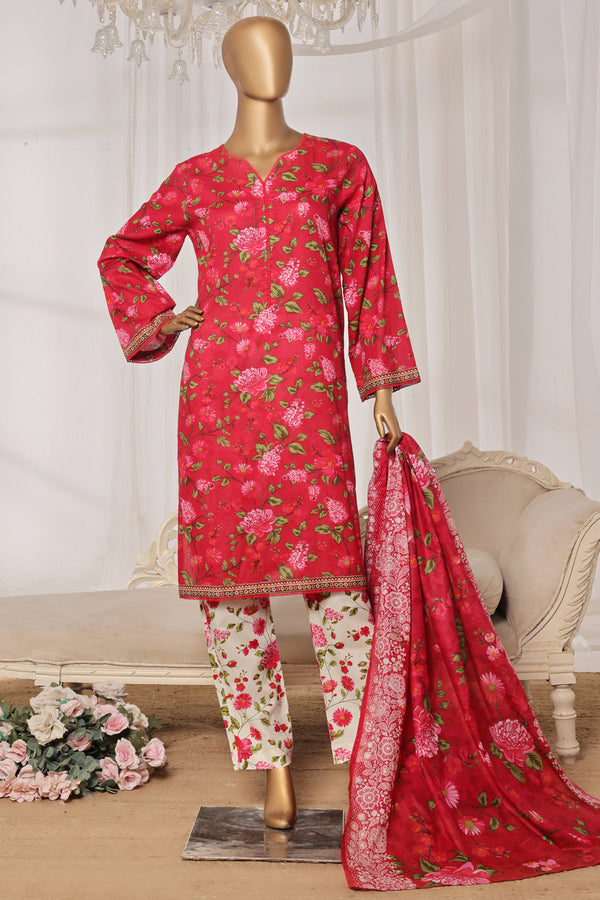 Lawn - Stitched printed 3piece with Lace work - Red