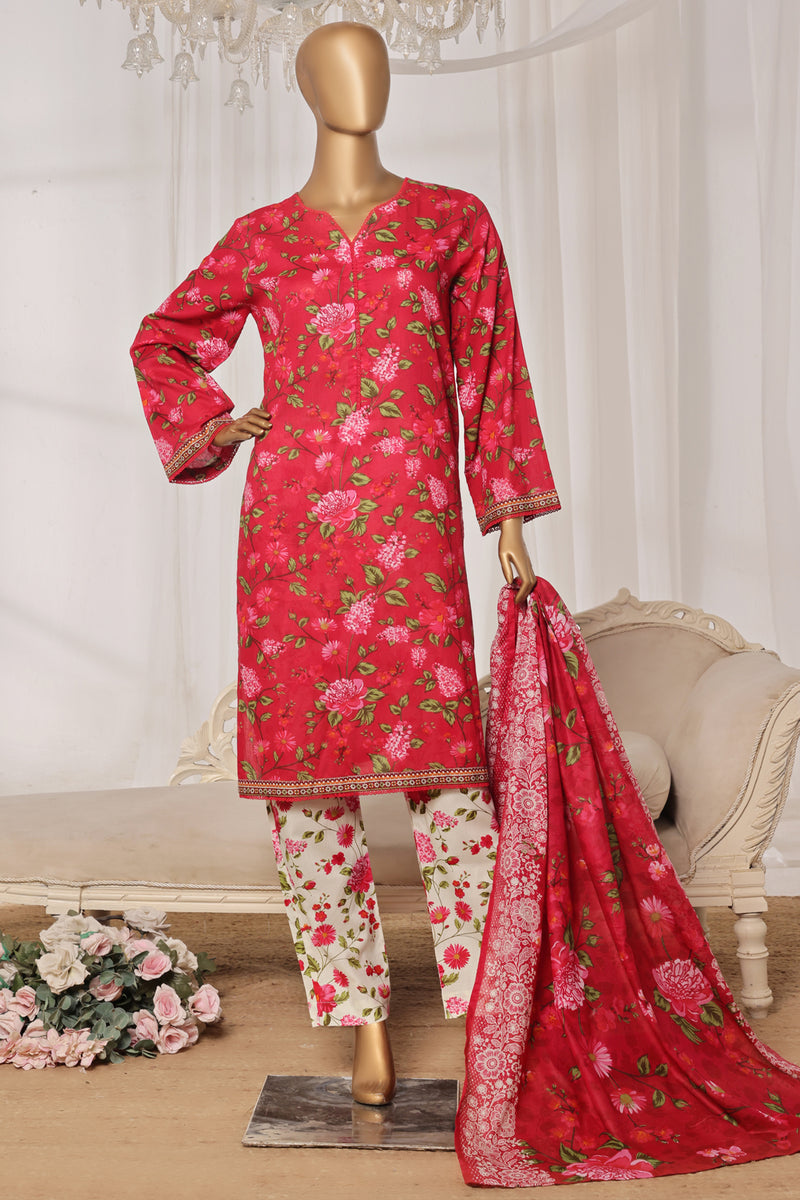 Lawn - Stitched printed 3piece with Lace work - Red