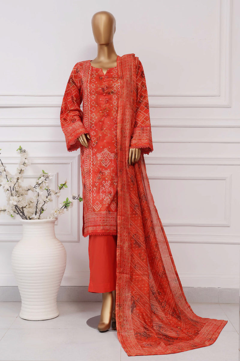 Lawn Chunri prints - Stitched printed 3piece with Lace work - Orange