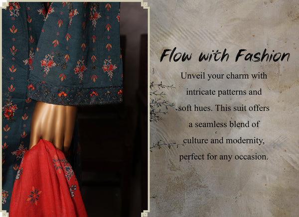 Lawn - Stitched Embroidered 3piece with Lace work - Dark Green