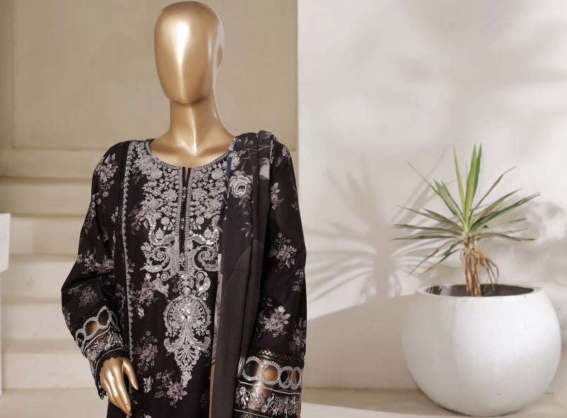 Lawn - Stitched Digital Printed Embroidered 3piece with Lace work - Black