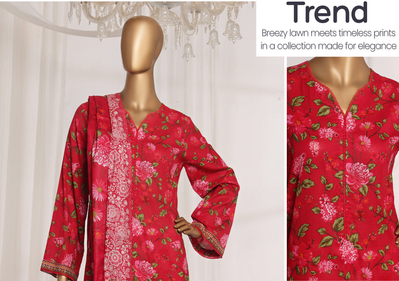 Lawn - Stitched printed 3piece with Lace work - Red