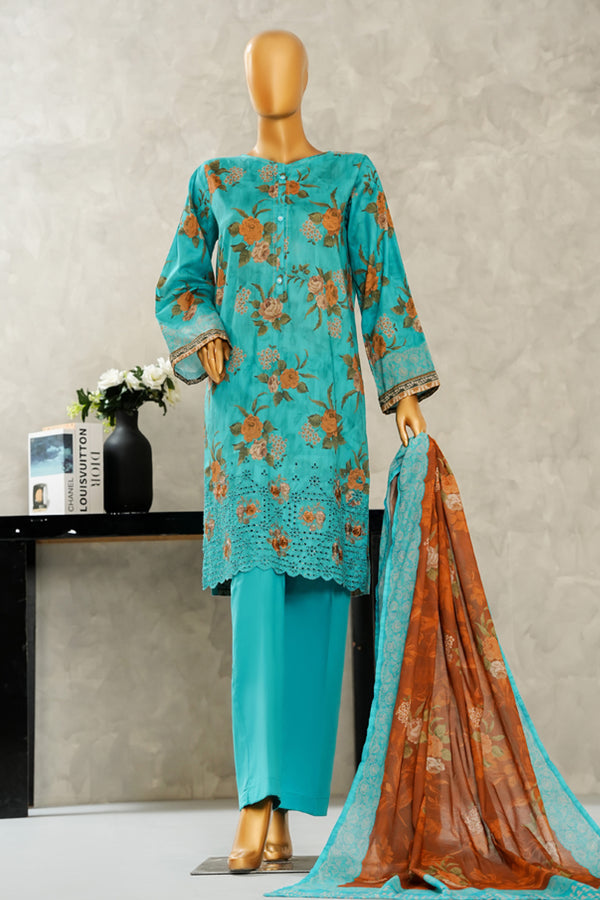 Lawn - Stitched Digital Printed Embroidered 3piece with Boring work - Teal