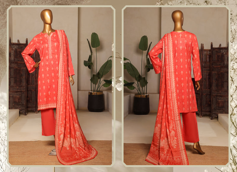 Lawn - Stitched printed 3piece with Lace work - Orange