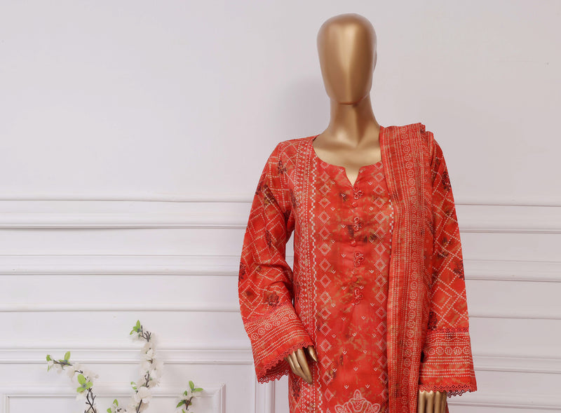 Lawn Chunri prints - Stitched printed 3piece with Lace work - Orange