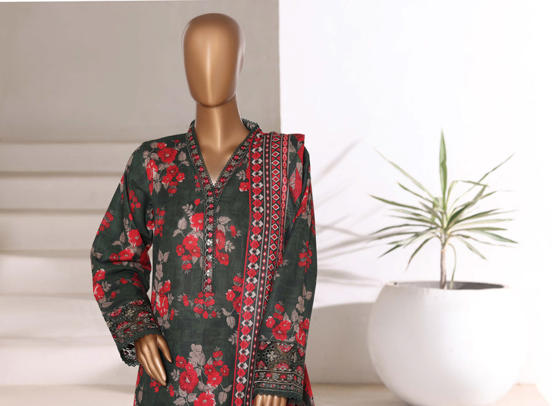 Khaddar - Embroidered 3piece collection with Lace work - Dark Green