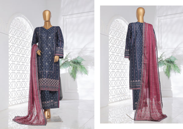 Lawn Chickankari - Stitched Embroidered 3piece with Lace work  - Blue