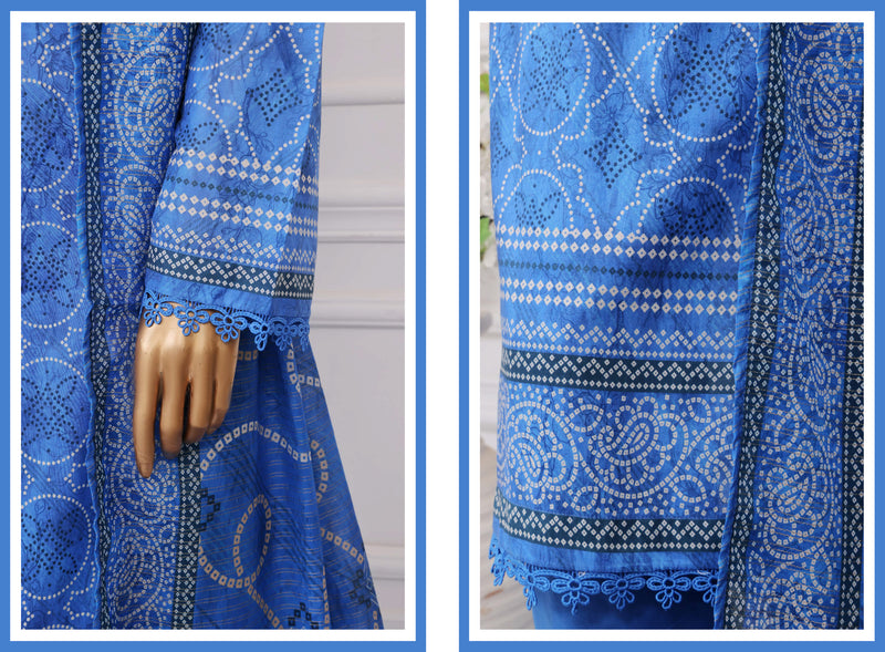 Lawn Chunri prints - Stitched printed 3piece with Lace work - Blue