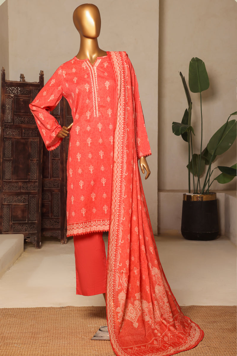 Lawn - Stitched printed 3piece with Lace work - Orange