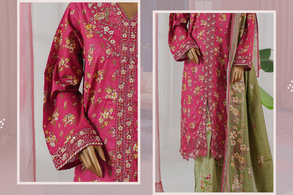Lawn - Stitched Embroidered 3piece with Zari work & Lace work - Pink