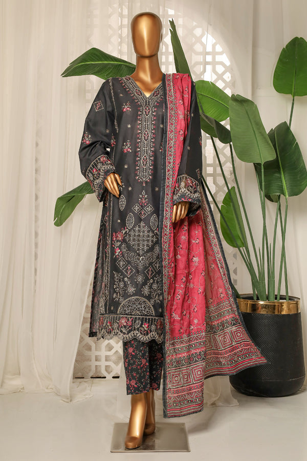 Lawn - Stitched Embroidered 3piece with printed Back & Printed trouser & Emb Dupatta  - Black