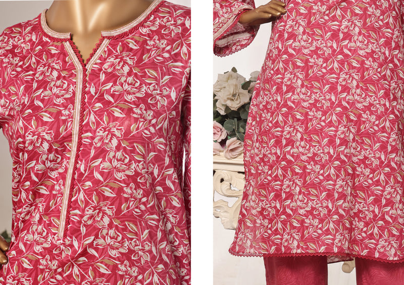 Lawn - Stitched printed 3piece with Lace work - Pink