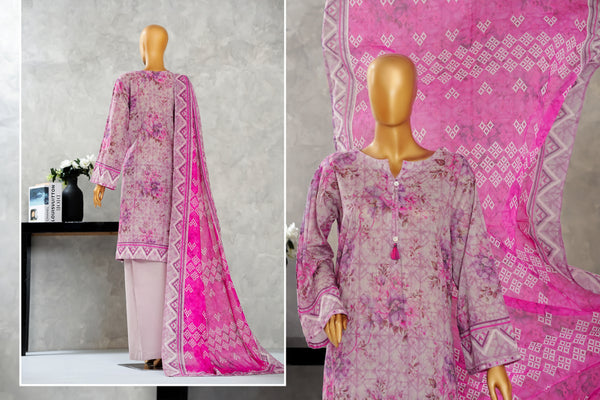 Lawn - Stitched Digital Printed Embroidered 3piece with Boring work - Pink