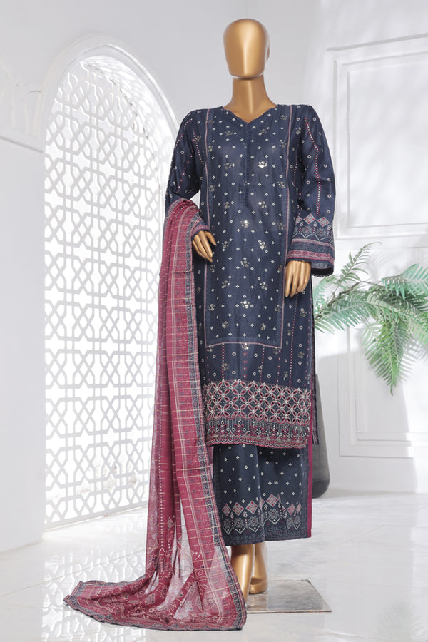 Lawn Chickankari - Stitched Embroidered 3piece with Lace work  - Blue