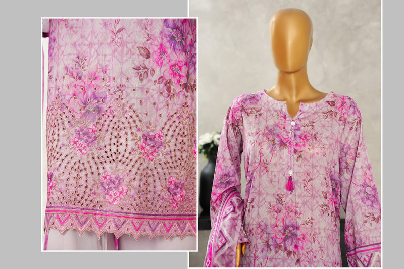 Lawn - Stitched Digital Printed Embroidered 3piece with Boring work - Pink