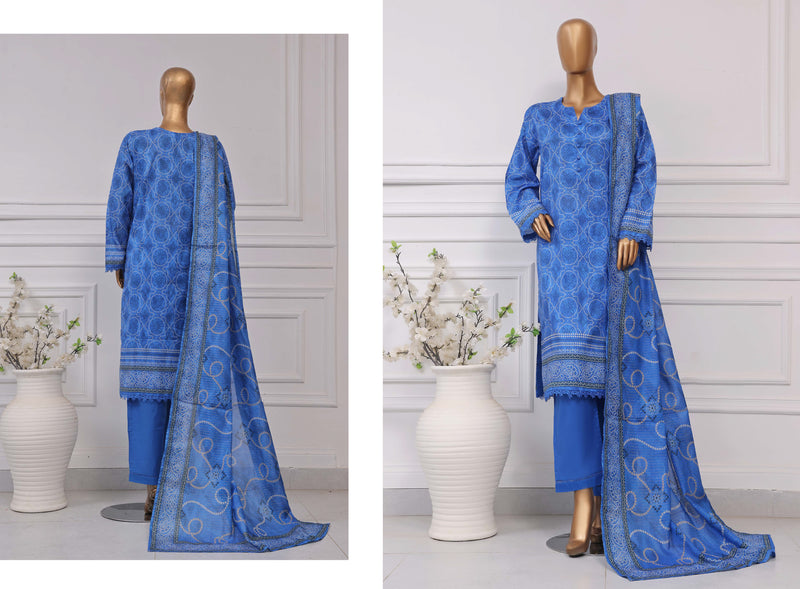 Lawn Chunri prints - Stitched printed 3piece with Lace work - Blue