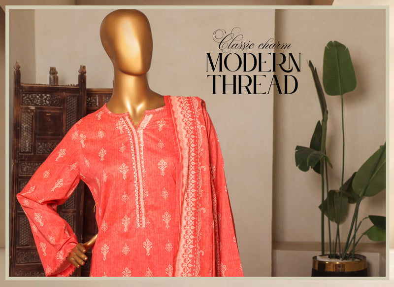 Lawn - Stitched printed 3piece with Lace work - Orange