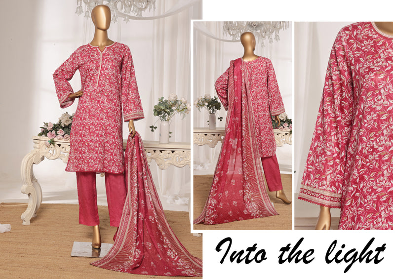 Lawn - Stitched printed 3piece with Lace work - Pink
