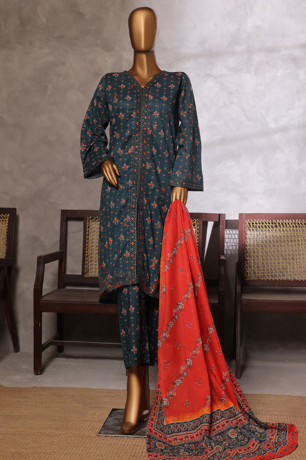 Lawn - Stitched Embroidered 3piece with Lace work - Dark Green
