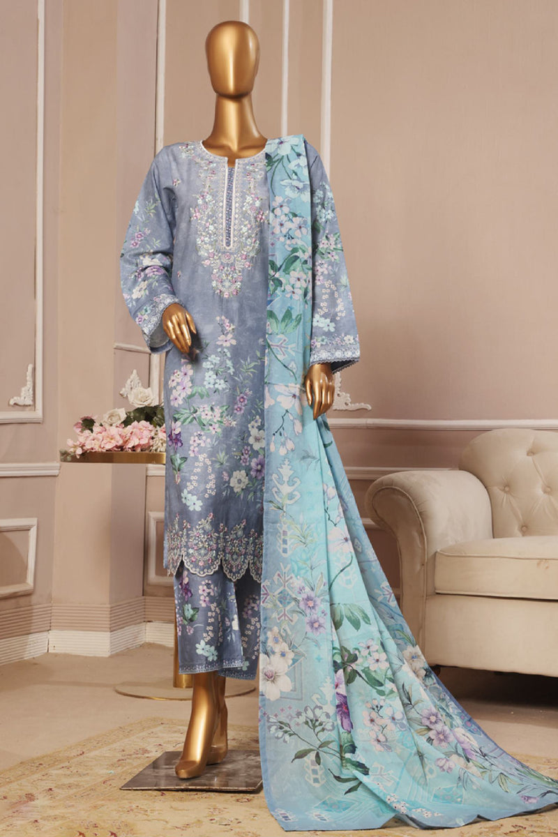 Lawn - Stitched Embroidered 3piece with Lace work - Light Blue