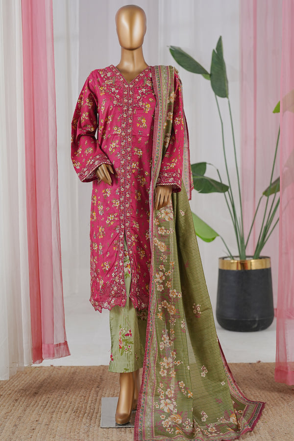 Lawn - Stitched Embroidered 3piece with Zari work & Lace work - Pink