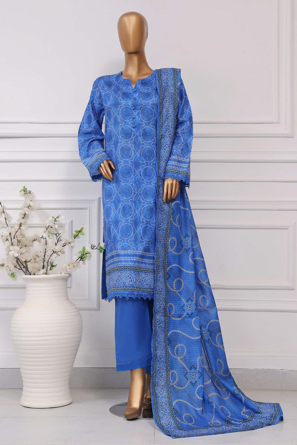 Lawn Chunri prints - Stitched printed 3piece with Lace work - Blue