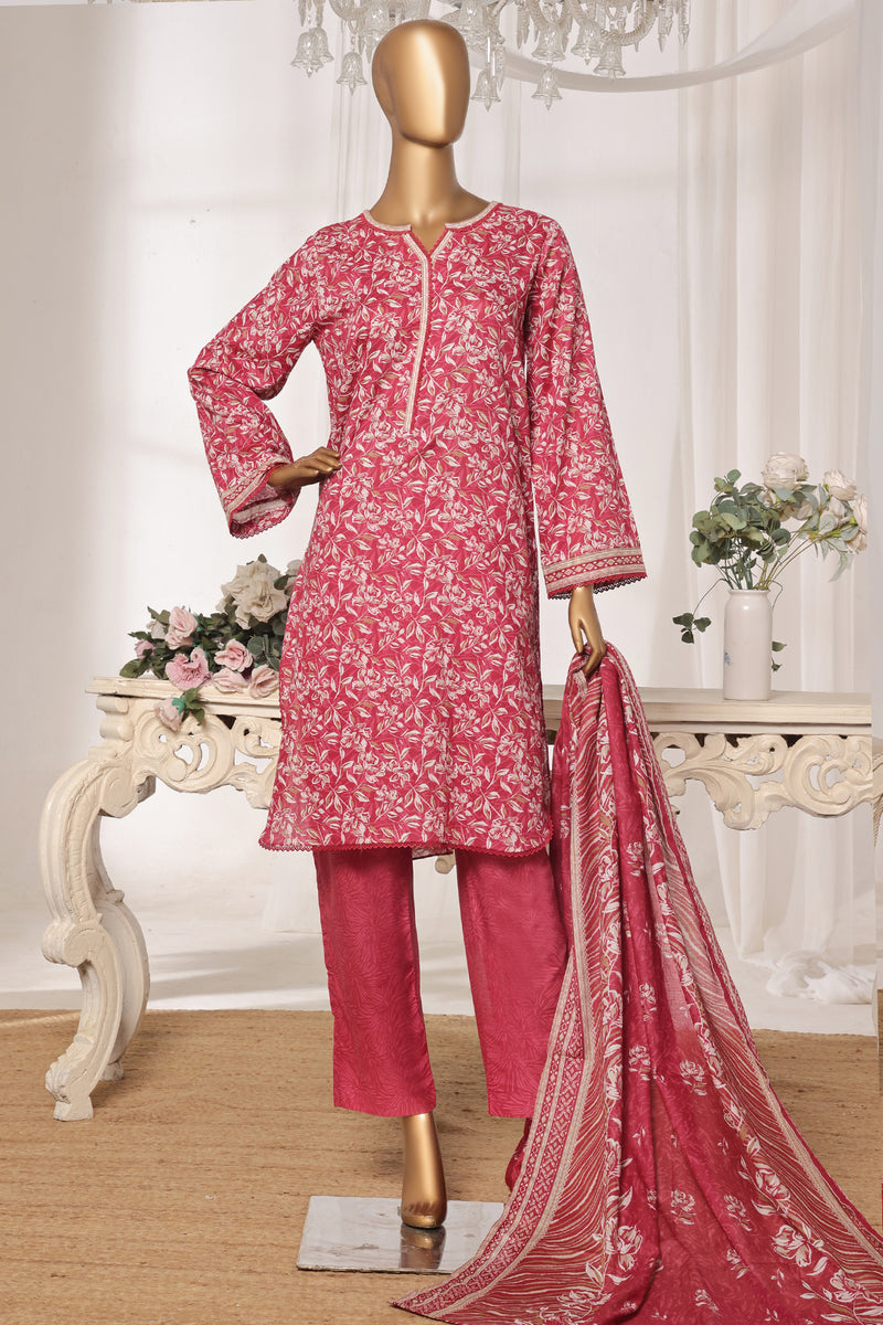 Lawn - Stitched printed 3piece with Lace work - Pink