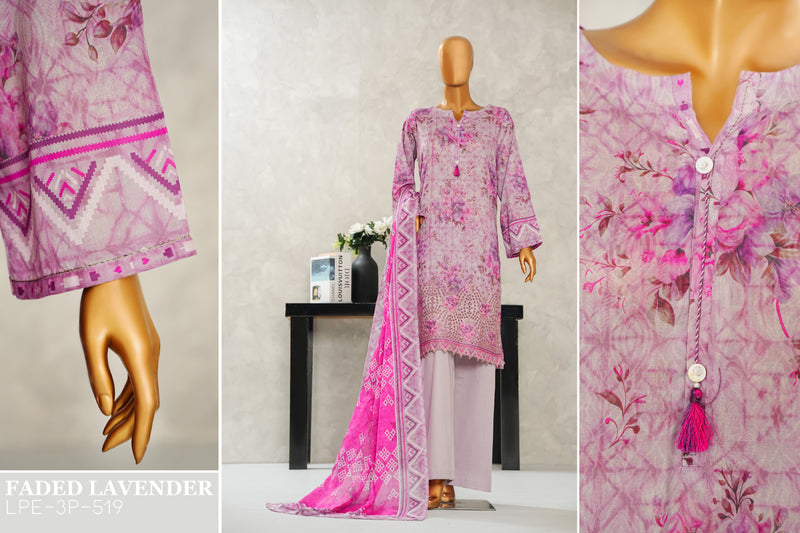 Lawn - Stitched Digital Printed Embroidered 3piece with Boring work - Pink