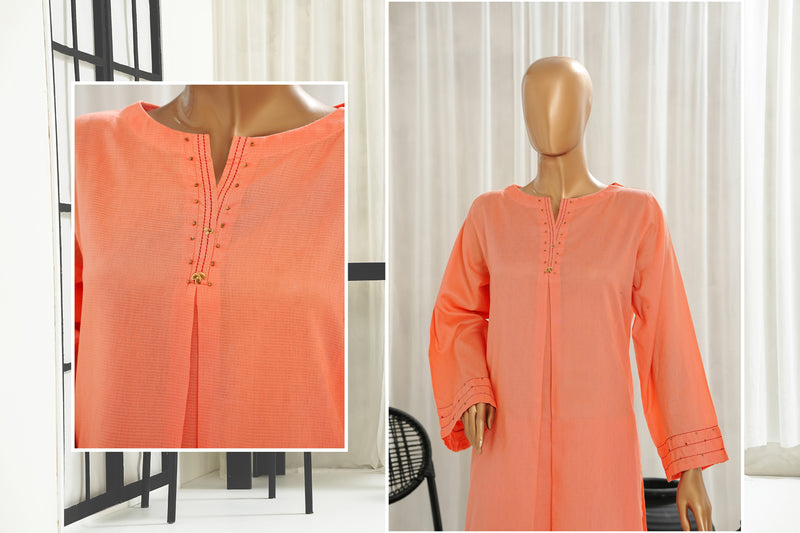 Lawn Jacquard - Stitched Jacquard Shirt with Highlights of Hand Touching Embellishment - Orange