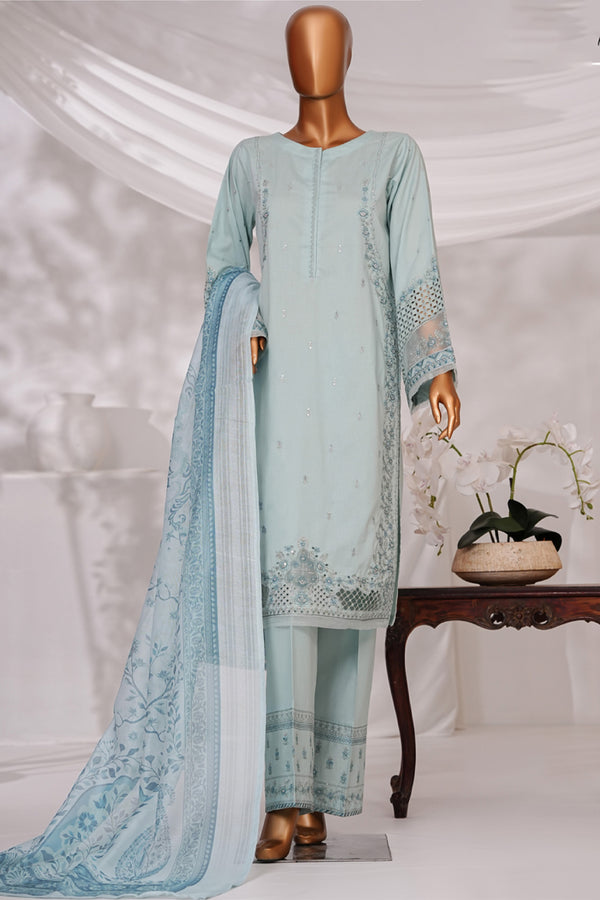Cambric | Cotton - Stitched Embroidered Printed 3piece with Nannokara Dupatta - Aqua Blue