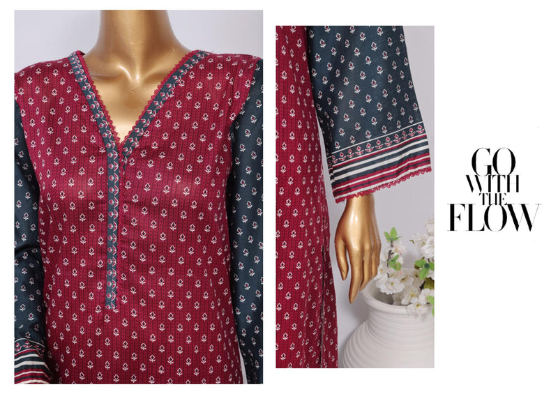 Lawn - Stitched Printed 3piece with Lace work - Dark Pink