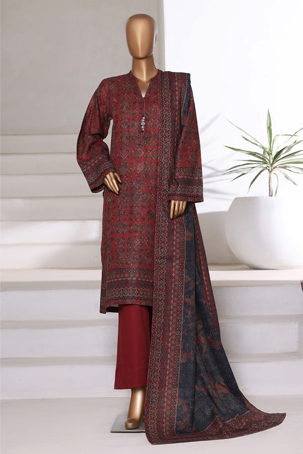Khaddar - Printed 3piece collection with Lace work - Maroon