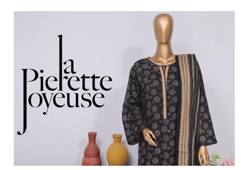 Lawn - Stitched Printed 3piece with Lace work - Black