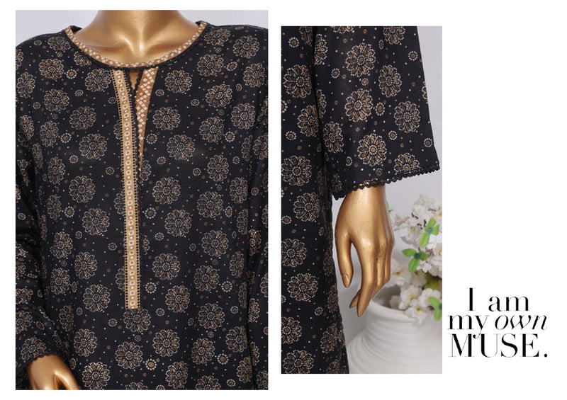 Lawn - Stitched Printed 3piece with Lace work - Black