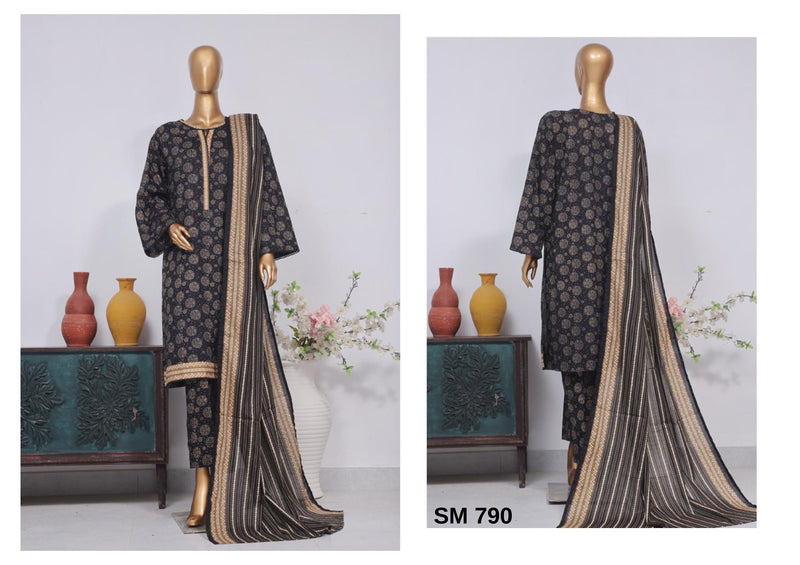 Lawn - Stitched Printed 3piece with Lace work - Black