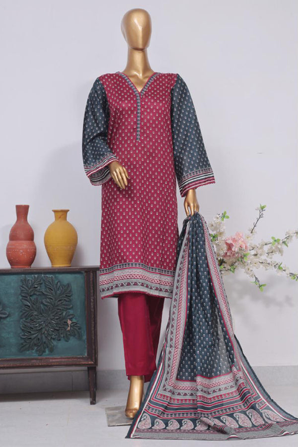 Lawn - Stitched Printed 3piece with Lace work - Dark Pink