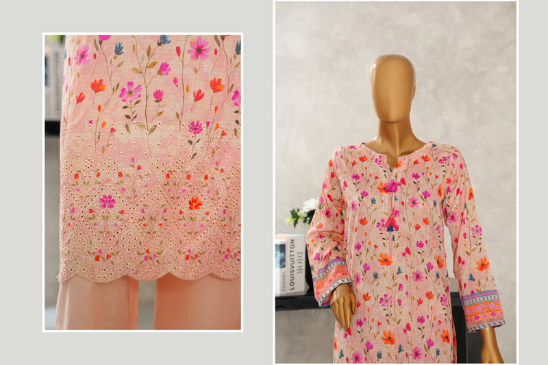 Lawn - Stitched Digital Printed Embroidered 3piece with Boring work - Peach