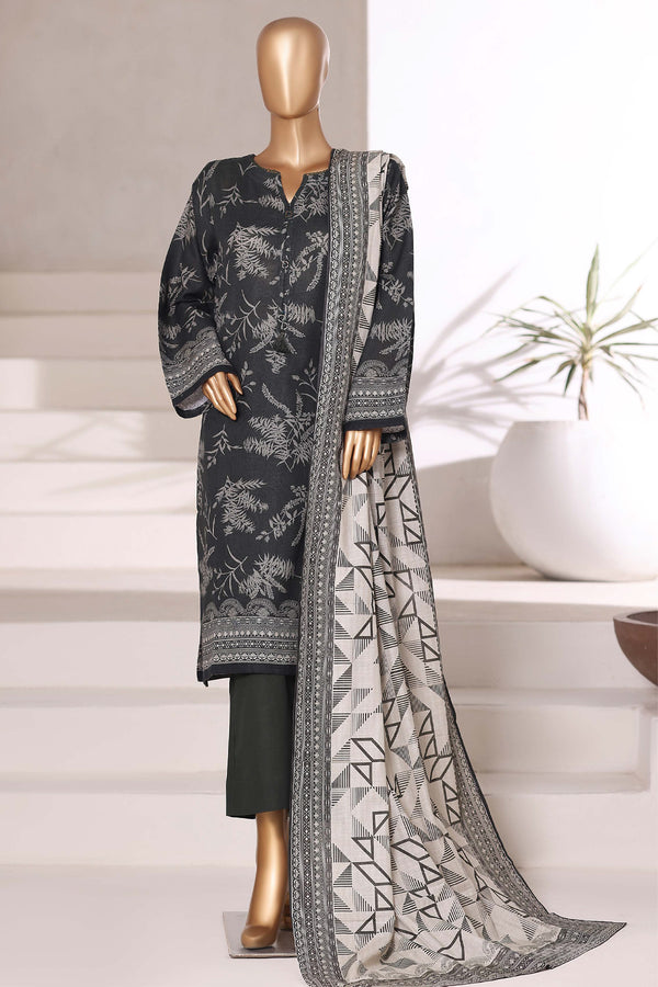 Khaddar - Stitched printed 3piece with Lace work - Black