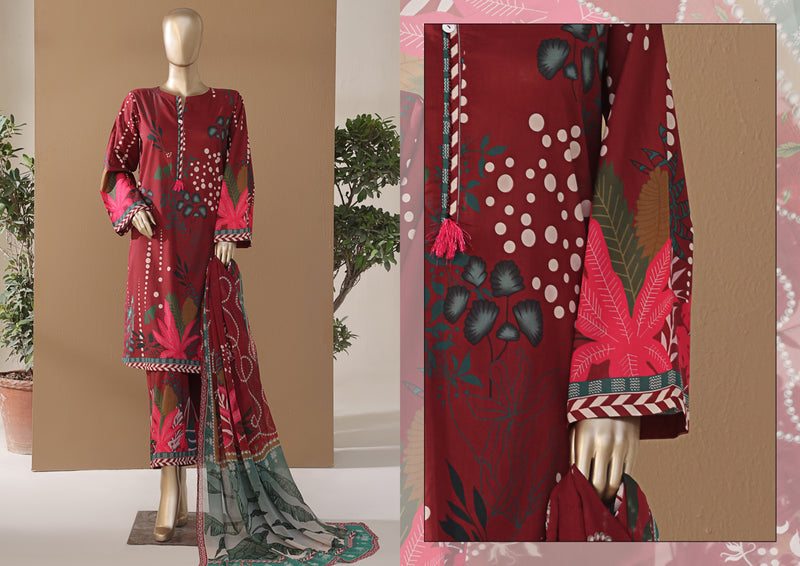 Cambric | Cotton - Stitched printed 3piece with Bamber chiffon Dupatta - Red
