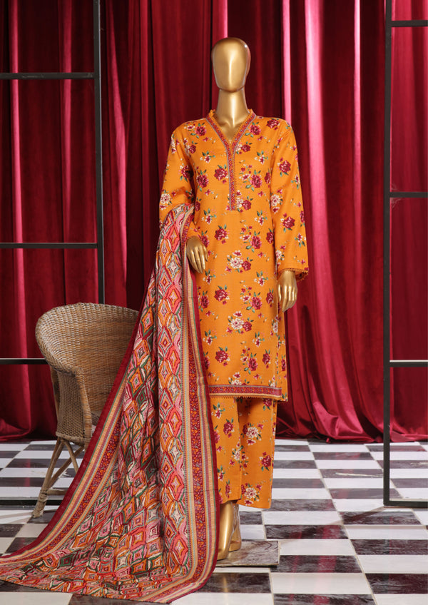 Khaddar - Stitched Printed  3piece with Lace work - Yellow