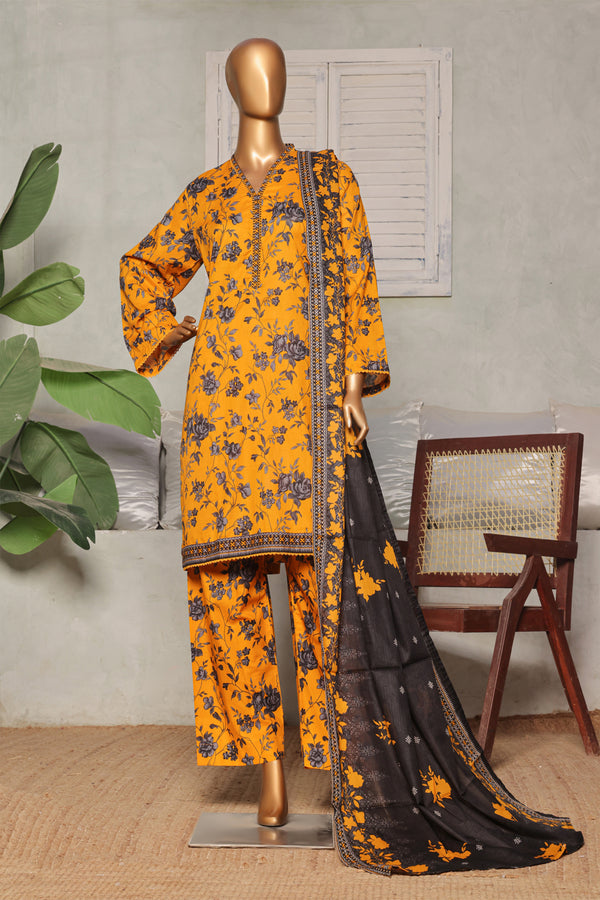 Lawn - Stitched printed 3piece with Lace work - Yellow