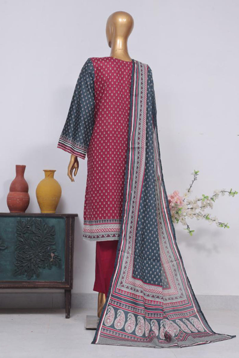 Lawn - Stitched Printed 3piece with Lace work - Dark Pink