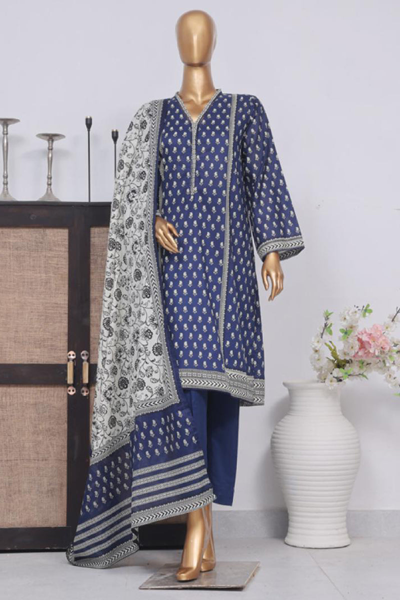 Lawn - Stitched Printed 3piece with Lace work - Blue