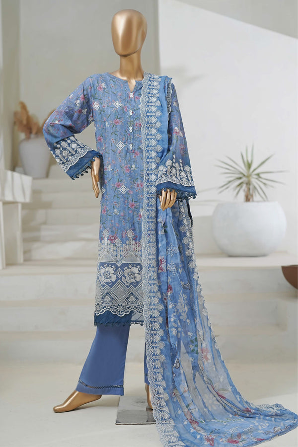 Lawn Chikankari - Stitched Embroidered 3piece with Cutwork and Embroidered Chiffon Dupatta - Blue