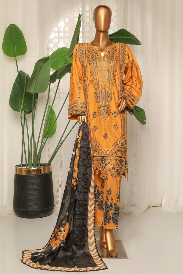 Lawn - Stitched Embroidered 3piece with printed Back & Printed trouser - Mustard