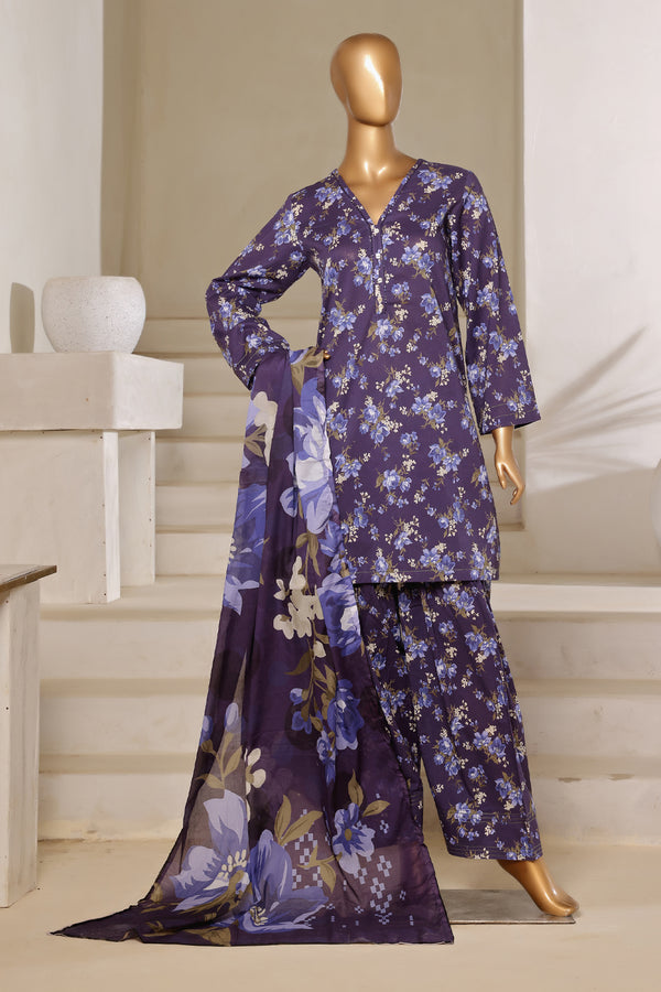 Lawn - Stitched printed 3piece with Farshi shalwar - Purple